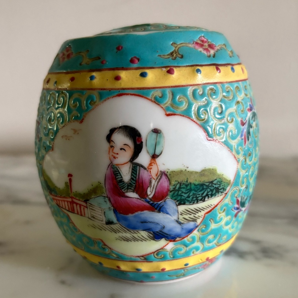 Antique Chinese ginger jar/marked bottom/Handpainted/Aqua Blue/Lovely Motives